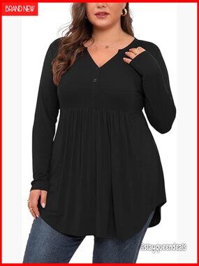 Plus Size Henley Tunic Long Sleeve Blouse Button Down Flowy Shirt